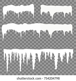 Set of snow icicles isolated on transparent background. Vector illustration