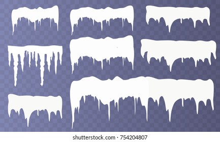 Set of snow icicles isolated on transparent background. Vector illustration