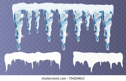 Set of snow icicles isolated on transparent background. Vector illustration