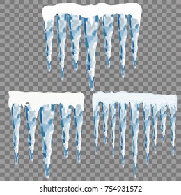 Set of snow icicles isolated on transparent background. Vector illustration