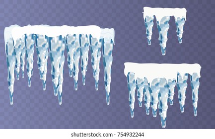 Set of snow icicles isolated on transparent background. Vector illustration