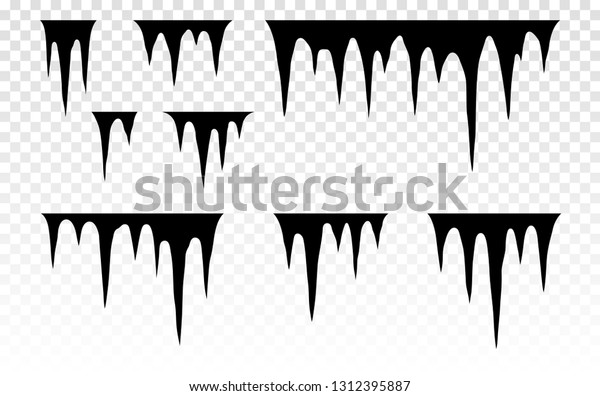 Set\
of snow icicles. Melting icicles. Paint dripping. Dripping liquid.\
Paint flows. Current paint, stains. Current inks. Stalactites\
outgrowths. Mineral formations. Vector illustration.\
