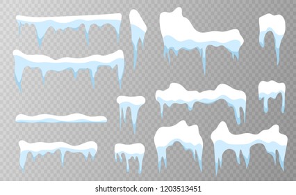 Set of snow icicles on transparent background. Snow elements on winter background. Vector illustration