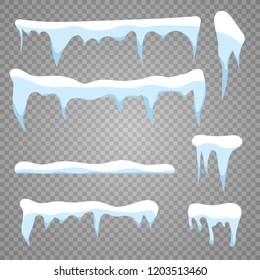 Set of snow icicles on transparent background. Snow elements on winter background. Vector illustration