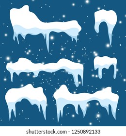Set of snow icicles on transparent background. Snow elements on winter background. Vector illustratio