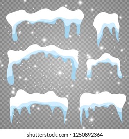 Set of snow icicles on transparent background. Snow elements on winter background. Vector illustration