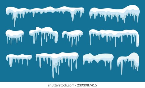 Set of snow icicles. Winter snow caps with ice. Flat vector design isolated on blue background. Snowdrifts, icicles, elements winter decor. Christmas, New Year