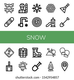 Set of snow icons. Such as Garlands, Snowboard, Snowboarder, Cold water, Snowflake, Atmosphere, Toboggan, Balalaika, Shovel, Slippery road, Anorak, Cool, Ice skate , snow icons
