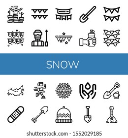 Set of snow icons. Such as Peak, Garlands, Ski, Garland, Shovel, Water, Russia, Snowboard, Ice skate, Snowflake, Winter hat, Balalaika , snow icons