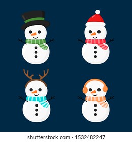 set of snow man isolated on blue background. vector Illustration. 
