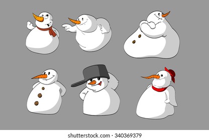 Set of snow men vector cartoon illustrations. Different poses and characters.