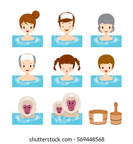 Set Of Snow Monkey And People Relaxing In Hot Spring, Bath, Onsen, Japanese, Culture, Healthy, Season, Body