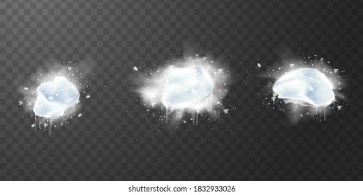 Set of Snow powder white explosion, ice. Vector realistic splash clouds of white powder and snowflakes isolated on dark background. design elements for christmas, new year holidays. 