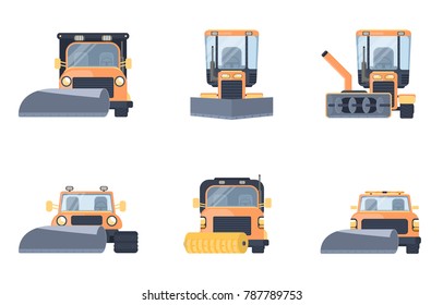 Set of snow removal car from road. Winter highway service. Flat vector illustration. Snow grooming machine.