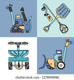 Set of snow removal equipment: electrical shovel with a sweeper, snow blower, salt spreader, shovel and de-icing torch. Fine for ice and snow removal services promotion.