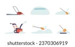 Set Of Snow Removal Tools And Equipment, Isolated Shovels, Snow Blower, And Salt Spreader, Vector Illustration