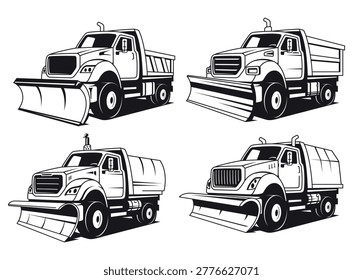 A set of snow removal vehicles on a white background, with plows for clearing snow. Road maintenance vehicles. Concept for public services or road construction.