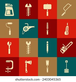 Set Snow shovel, Chainsaw, Stationery knife, Sledgehammer, Leaf garden blower, Paint roller brush, Cement bag and Chisel tool for wood icon. Vector
