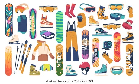 Set of Snow Sport Gear Collection Featuring Snowboards, Skis And Accessories For Winter Activities Perfect For Sports