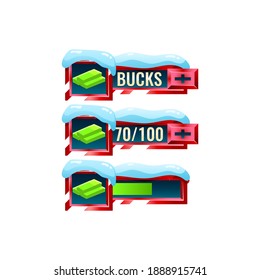 set of snow winter christmas game ui money bucks bar with numeric and progress bar additional panel for gui asset elements vector illustration