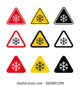 Juego de icono de invierno de nieve, signo de copo de hielo peligroso, ilustración de vector de alerta de riesgo, símbolo de precaución cuidadoso