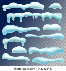 Set of snowball, snow caps, icicles and snowdrift. Vector winter elements isolated on transparent background. 