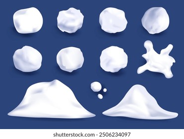 Conjunto de Formas de bolas de nieve en diseño de dibujos animados 3d. Una variedad de globos de nieve y pilas de nieve de diferentes tamaños se representan en un estilo realista sobre un fondo azul. Ilustración vectorial.