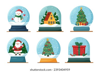 Juego de bolas de nieve con muñeco de nieve, casa, árbol de Navidad, Santa y caja de regalo. Decoración navideña.	