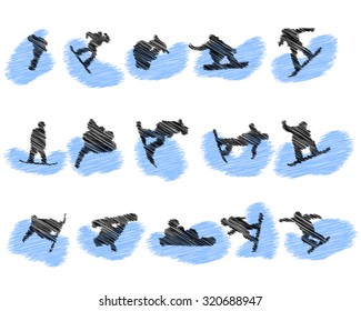 Set of snowboard athlete scribble silhouettes. Vector illustration.