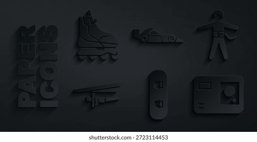 Set Snowboard, Bungee jumping, Hang glider, cámara extrema de acción, coche de carreras de Fórmula 1 e icono de patinaje sobre ruedas. Vector