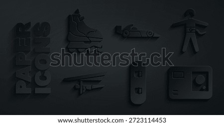Set Snowboard, Bungee jumping, Hang glider, Action extreme camera, Formula 1 racing car and Roller skate icon. Vector