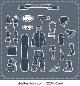 Set of snowboard clothing and kit silhouettes. Vector hand-drawn snowboard gear. 