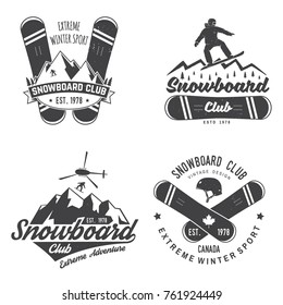 Set of Snowboard Club insignia or badge. Vector. Concept for shirt , print, stamp or tee. Vintage typography design with snowboarder and mountain silhouette. Extreme winter sport.