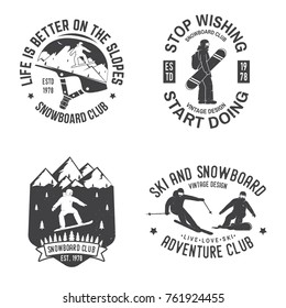 Set of Snowboard Club insignia or badge. Vector. Concept for shirt , print, stamp or tee. Vintage typography design with snowboarder and mountain silhouette. Extreme winter sport