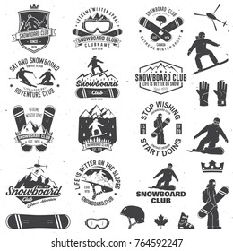 Set of Snowboard Club insignia or badge with design elements. Vector. Concept for shirt , print, stamp or tee. Vintage typography design with snowboarder and mountain silhouette. Extreme winter sport.