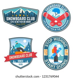 Set of Snowboard Club patches. Vector illustration. Concept for patch, shirt, print, stamp or tee. Vintage typography design with snowboarder and mountain silhouette. Extreme sport.