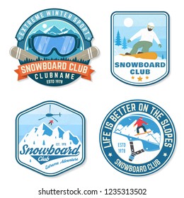Set of Snowboard Club patches. Vector illustration. Concept for patch, shirt, print, stamp or tee. Vintage typography design with snowboarder and mountain silhouette. Extreme winter sport.