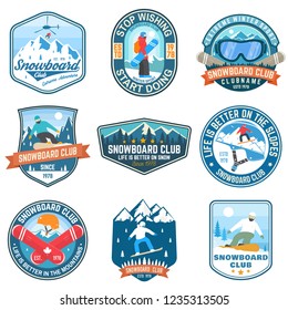 Set of Snowboard Club patches. Vector illustration. Concept for patch, shirt, print, stamp or tee. Vintage typography design with snowboarder and mountain silhouette. Extreme winter sport.