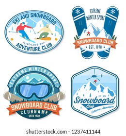 Set of Snowboard Club patches. Vector illustration. Concept for patch, shirt, print, stamp or tee. Vintage typography design with snowboarder and mountain silhouette. Extreme winter sport.