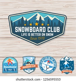 Set of Snowboard Club patches. Vector illustration. Concept for patch, shirt, print, stamp or tee. Vintage typography design with snowboarder and mountain silhouette. Extreme winter sport.