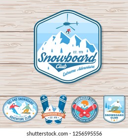 Set of Snowboard Club patches. Vector illustration. Concept for patch, shirt, print, stamp or tee. Vintage typography design with snowboarder and mountain silhouette. Extreme winter sport.