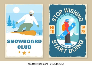 Set of snowboard club retro posters. Vector. Vintage typography design with snowboarder and mountain silhouette. Extreme winter sport. Outdoors adventure flyer, banner.