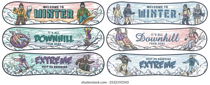 Set of snowboard designs with people practicing winter sports like skiing and snowboarding. Winter poster or sign