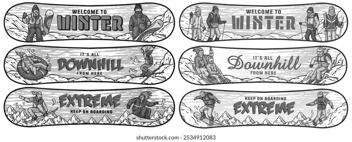 Set of snowboard designs with people practicing winter sports like skiing and snowboarding. Winter poster or sign