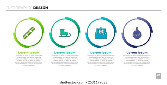 Set Snowboard, Figure skates, Christmas postcard and ball. Business infographic template. Vector