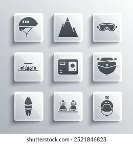 Set Snowboard, Helmet and action camera, Speedboat, Action extreme, Surfboard, Formula 1 racing car, Bicycle helmet and Ski goggles icon. Vector