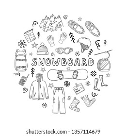 Set of snowboard icons in circle shape isolated on white background. Sport clothes, accessories and equipment. Black and white vector illustration