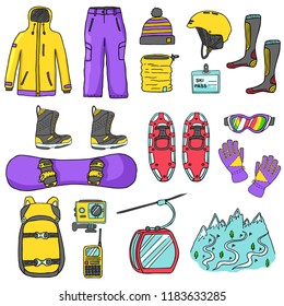 Set of snowboard icons isolated on white background. Sport clothes, accessories and equipment. Color vector illustration