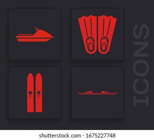 Set Snowboard, Jet ski, Rubber flippers for swimming and Ski and sticks icon. Vector