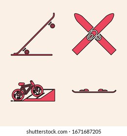 Set Snowboard, Skateboard, Ski and sticks and Bicycle on street ramp icon. Vector